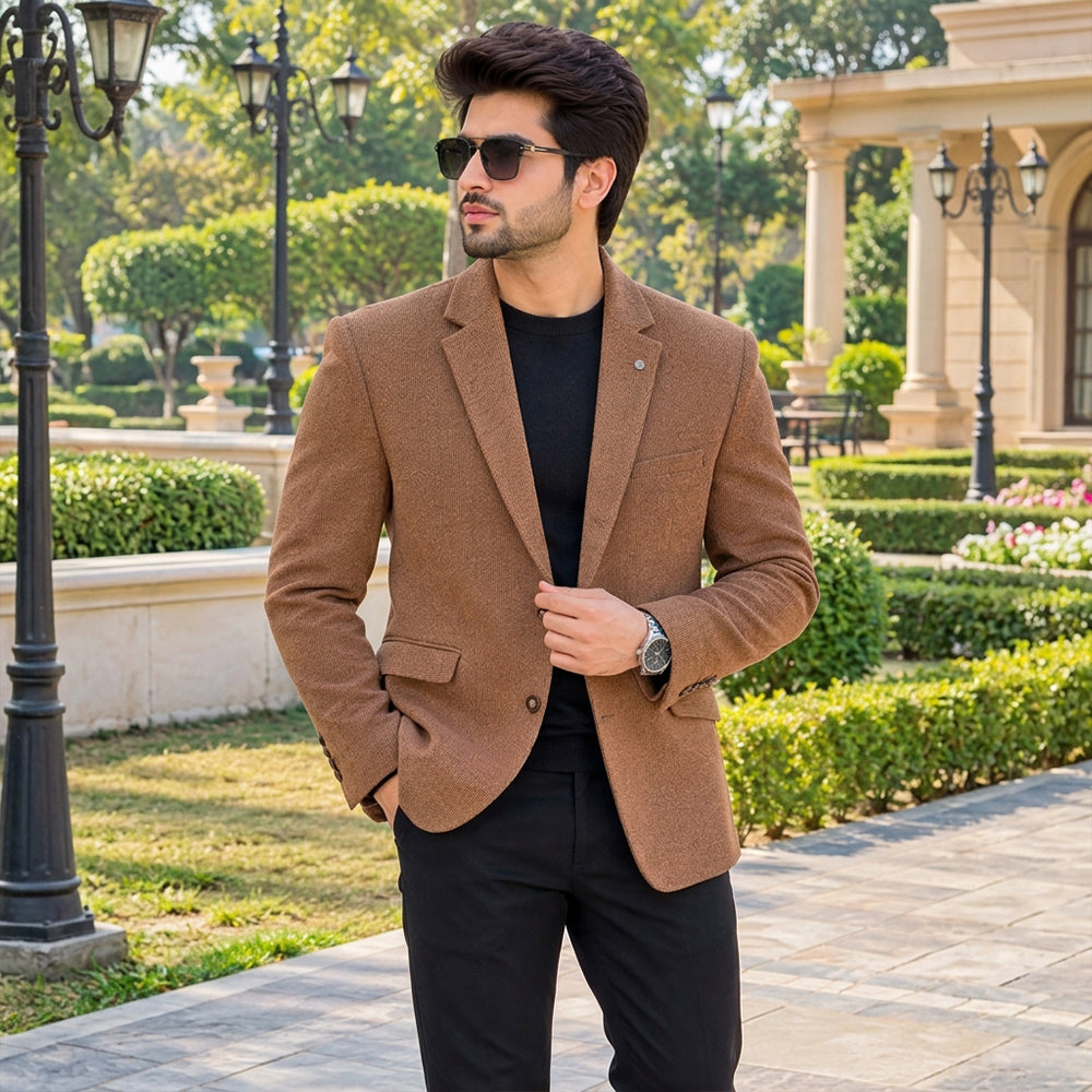 Men's Camel Brown Textured Jute Blazer | Slim Fit Casual & Formal Suit Jacket