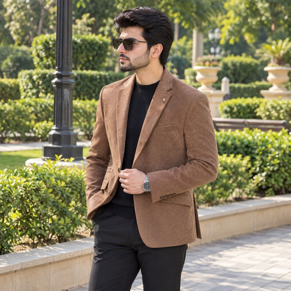 Men's Camel Brown Textured Jute Blazer | Slim Fit Casual & Formal Suit Jacket