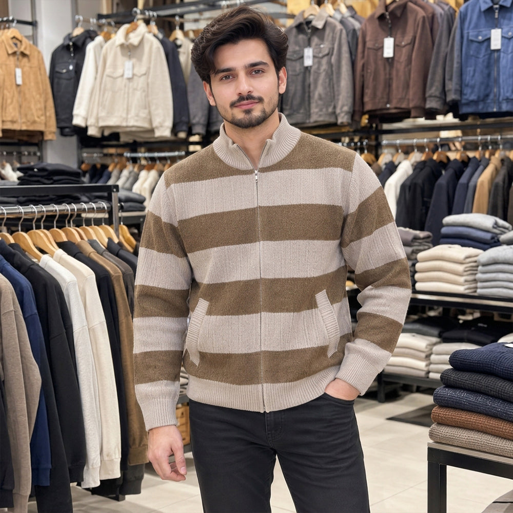 Premium Men’s High-Neck Striped Sweater | Stylish, Comfortable & Modern Casual Wear