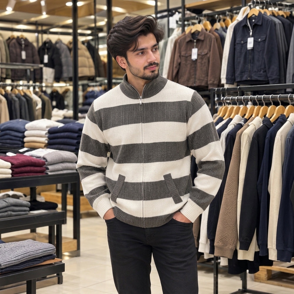 Premium Men’s High-Neck Striped Sweater | Stylish, Comfortable & Modern Casual Wear