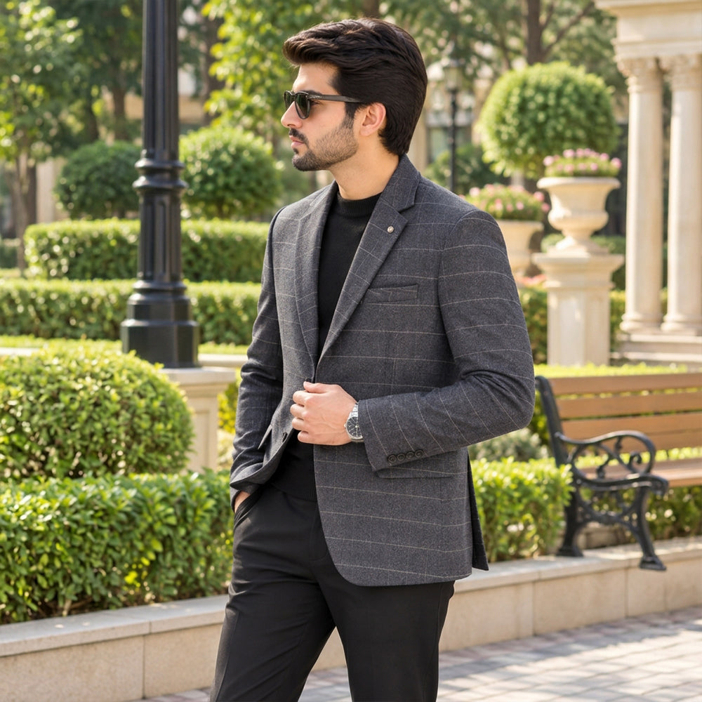 Premium Imported Fabric Charcoal Grey Check Blazer for Men | Stylish Formal Wear