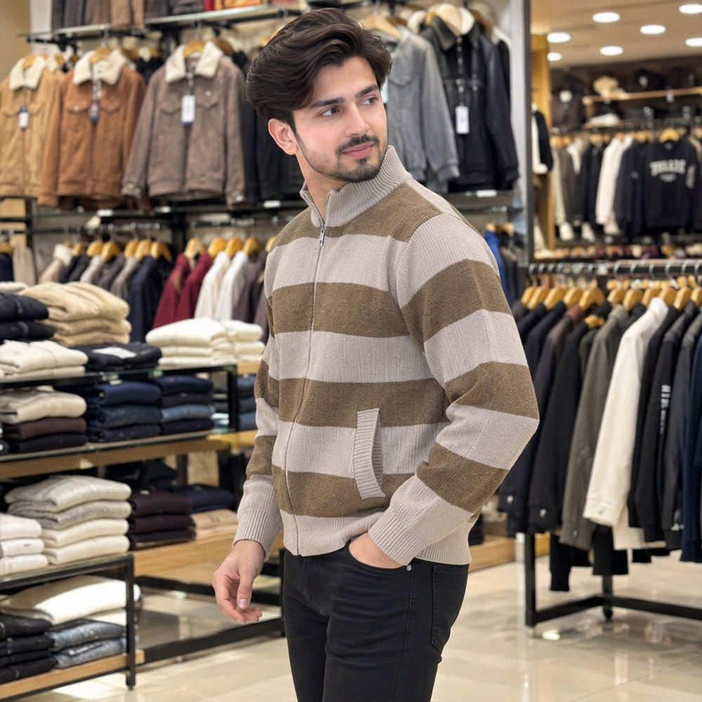 Premium Men’s High-Neck Striped Sweater | Stylish, Comfortable & Modern Casual Wear