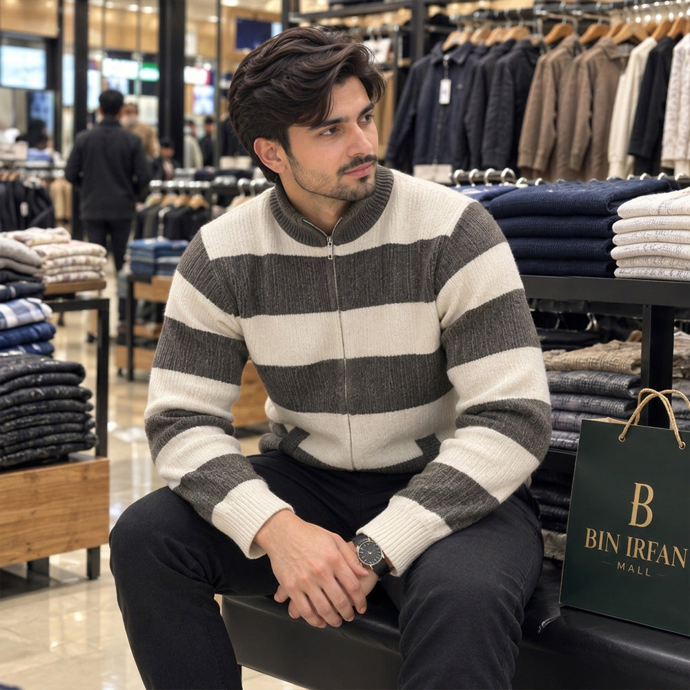 Premium Men’s High-Neck Striped Sweater | Stylish, Comfortable & Modern Casual Wear