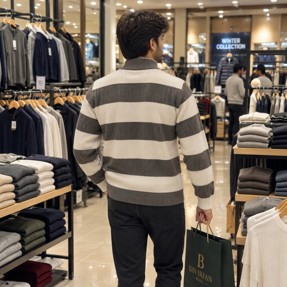 Premium Men’s High-Neck Striped Sweater | Stylish, Comfortable & Modern Casual Wear
