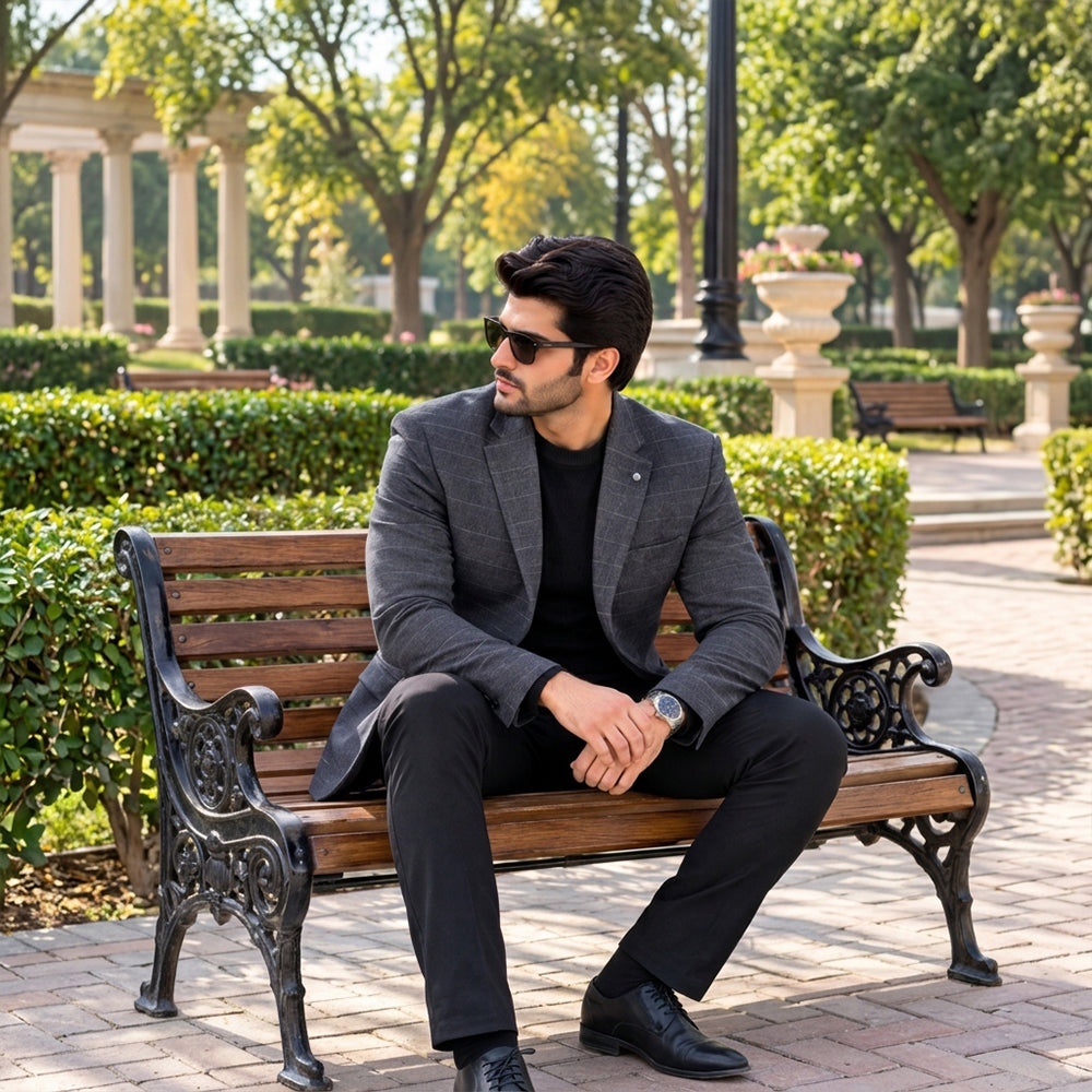Premium Imported Fabric Charcoal Grey Check Blazer for Men | Stylish Formal Wear