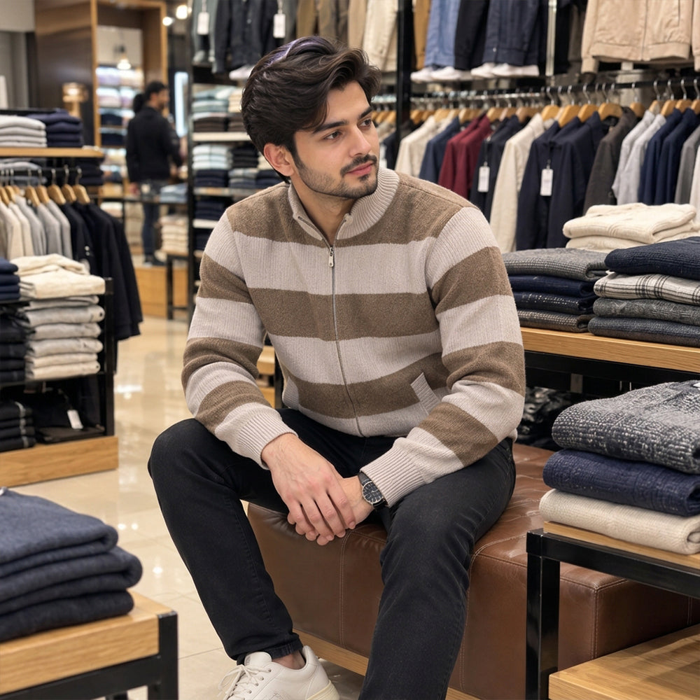 Premium Men’s High-Neck Striped Sweater | Stylish, Comfortable & Modern Casual Wear
