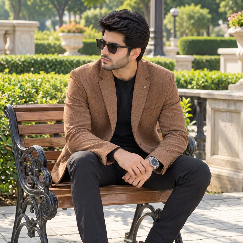 Men's Camel Brown Textured Jute Blazer | Slim Fit Casual & Formal Suit Jacket