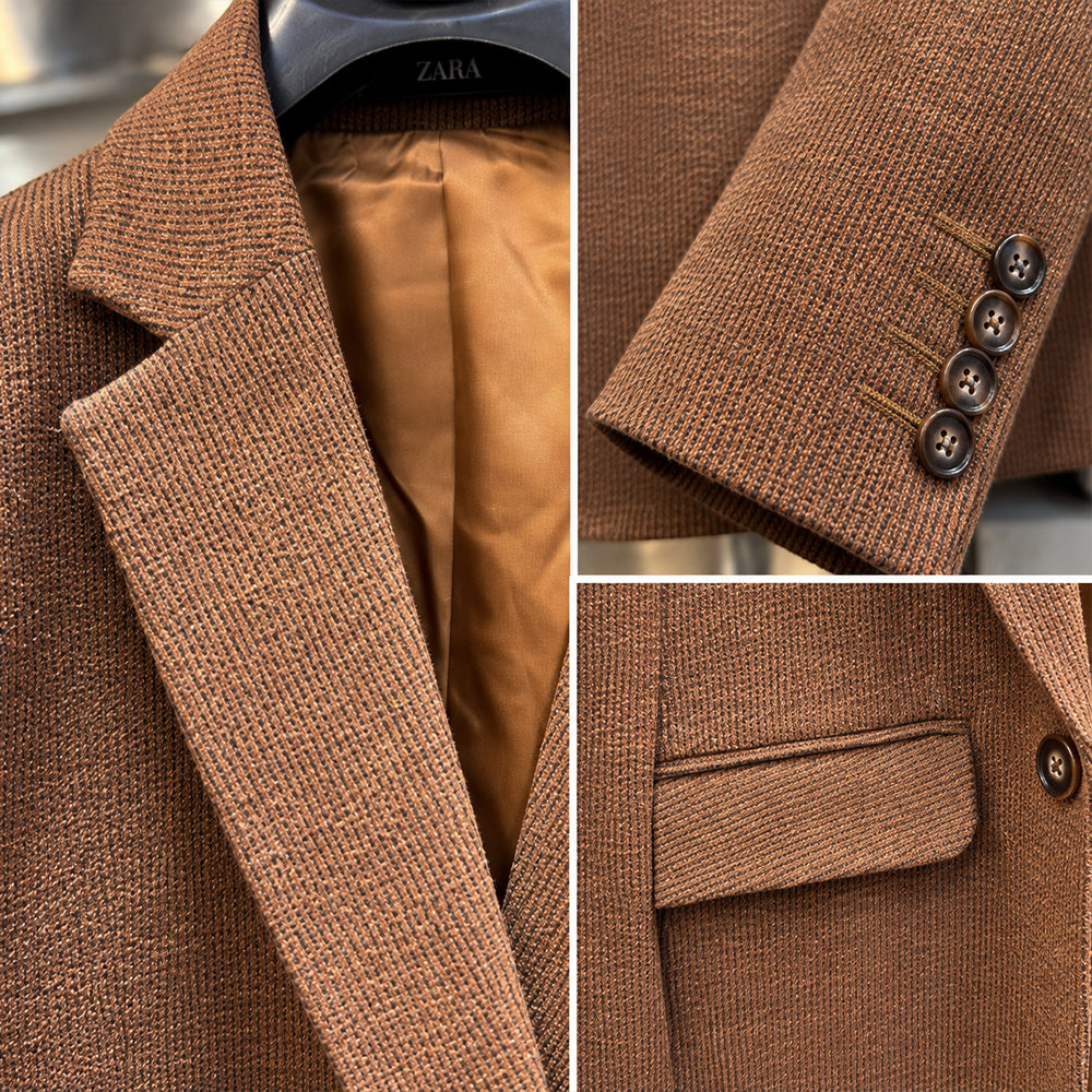 Men's Camel Brown Textured Jute Blazer | Slim Fit Casual & Formal Suit Jacket